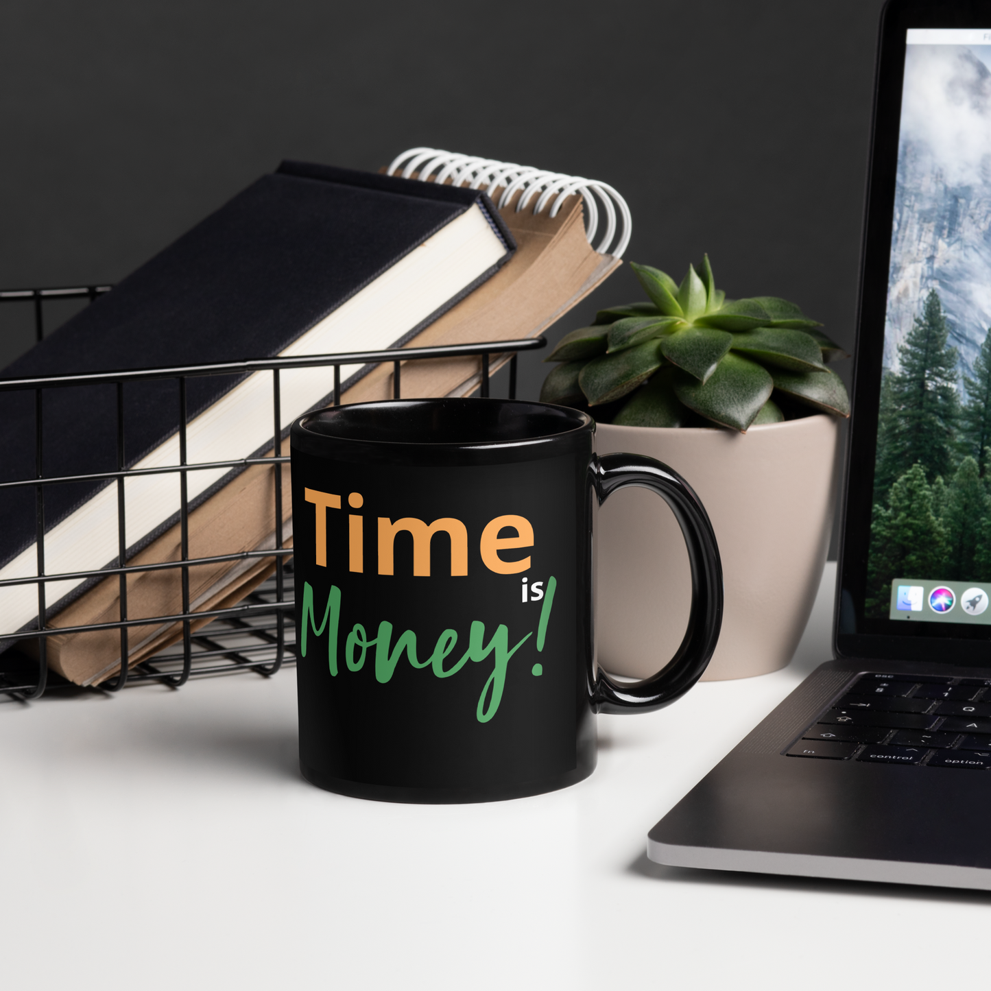Time is Money adds an air of tasteful sophistication to your day-to-day routine. Prioritize tasks in a manner that yields the most valuable, profitable, and rewarding day possible. Make an elegant style statement with this exquisitely designed and glossy black ceramic mug. Perfect for the office or a cozy home-office setting.