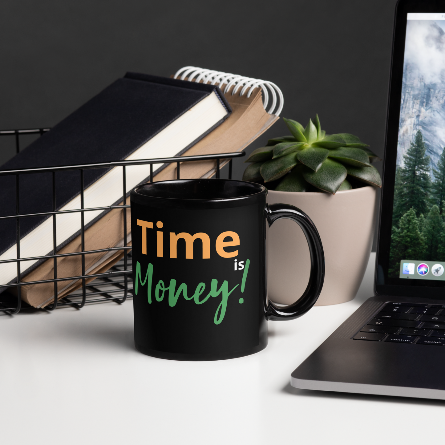 Time is Money adds an air of tasteful sophistication to your day-to-day routine.  Prioritize tasks in a manner that yields the most valuable, profitable, and rewarding day possible. Make an elegant style statement with this exquisitely designed and glossy black ceramic mug. Perfect for the office or a cozy home-office setting.